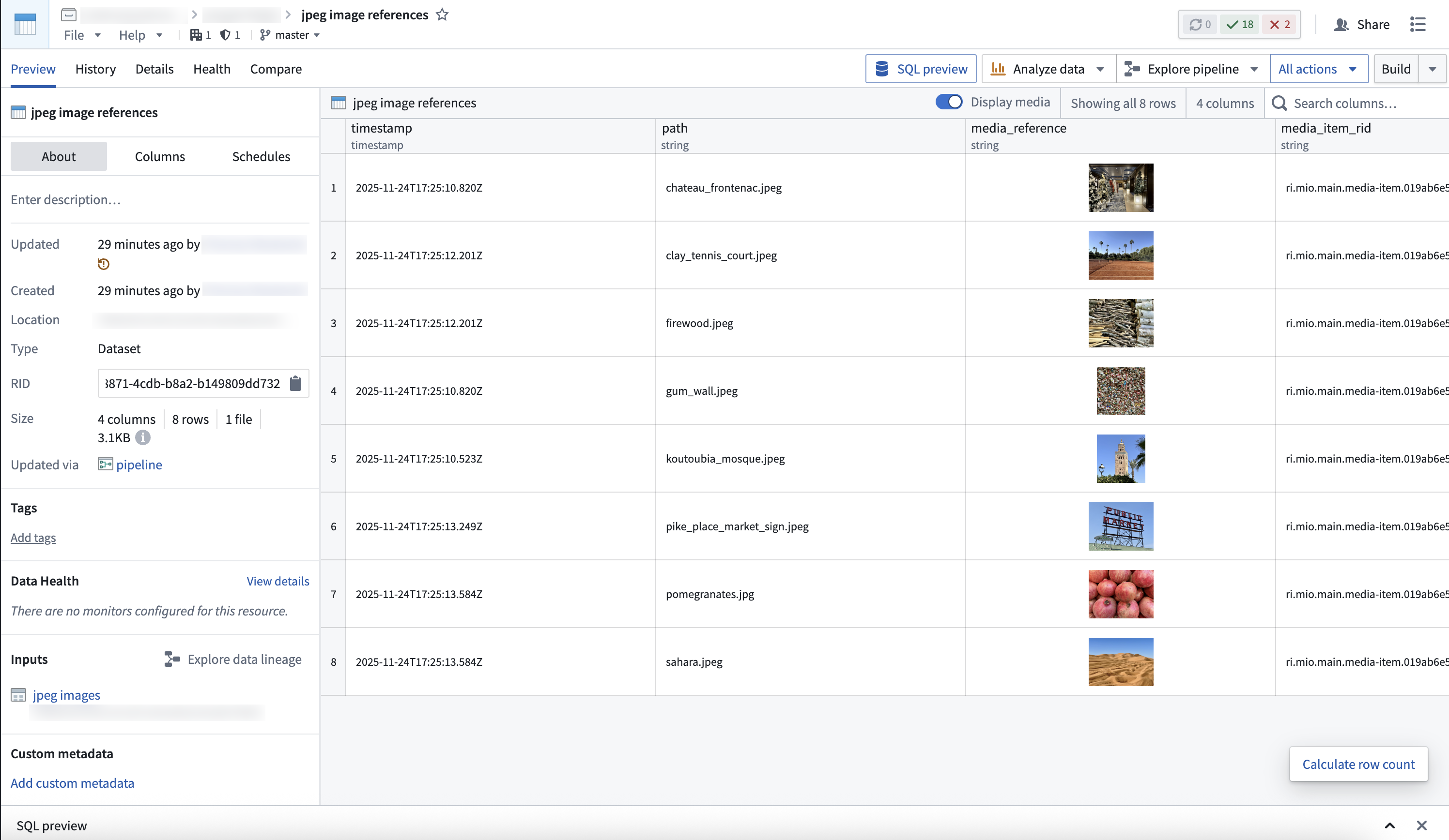 A dataset containing image references from the media set along with additional metadata columns.
