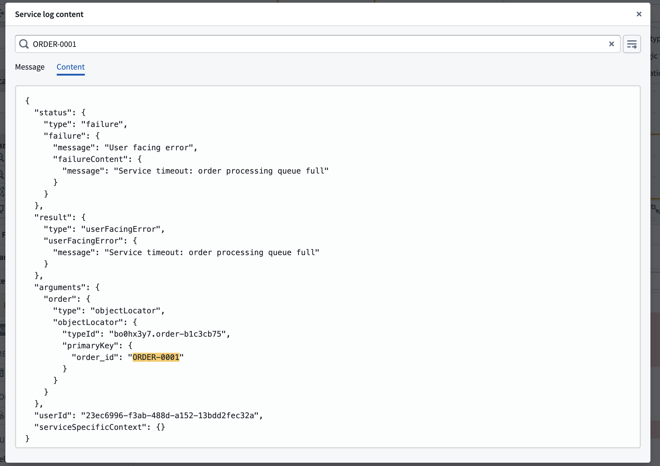 Service log content dialog showing the Content tab with formatted JSON and highlighted search match.