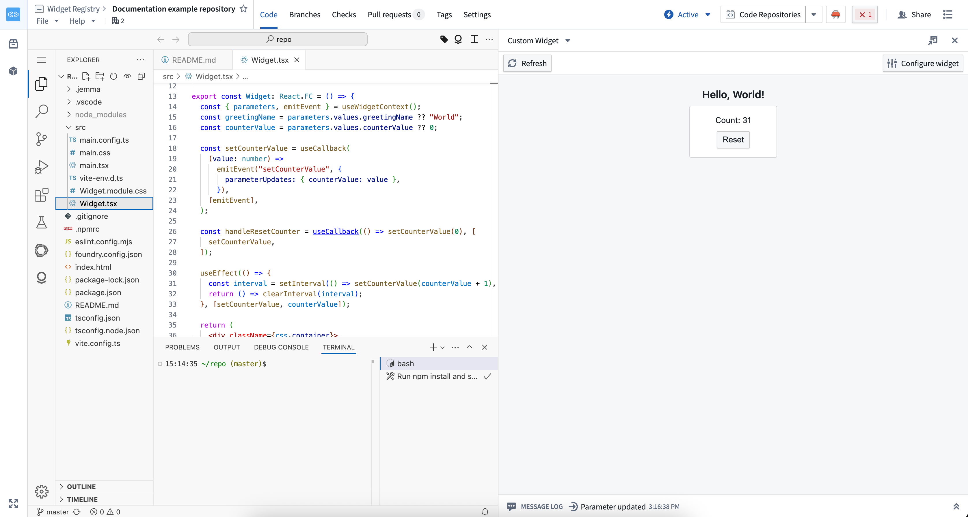 A widget running from a development server in VS Code Workspaces.