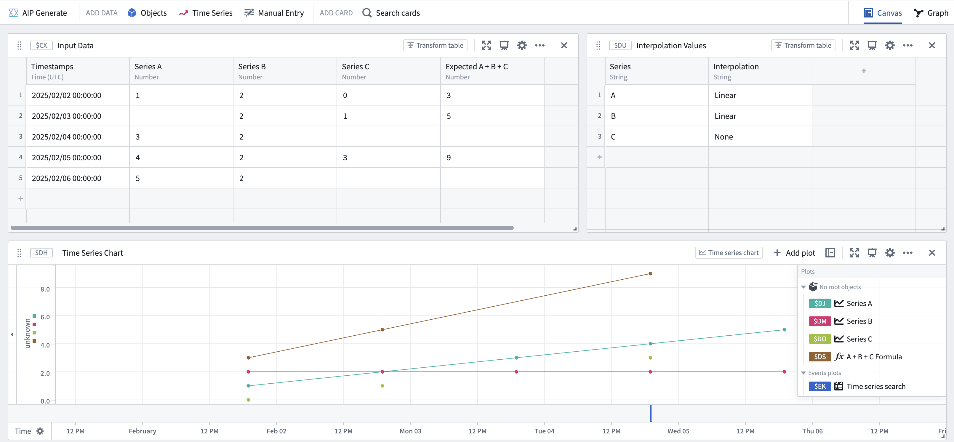 Example of time series search where one of the series does not have interpolation set