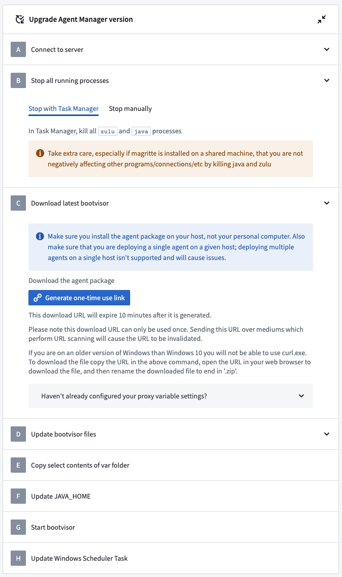 Interactive windows agent upgrade instructions in data connection