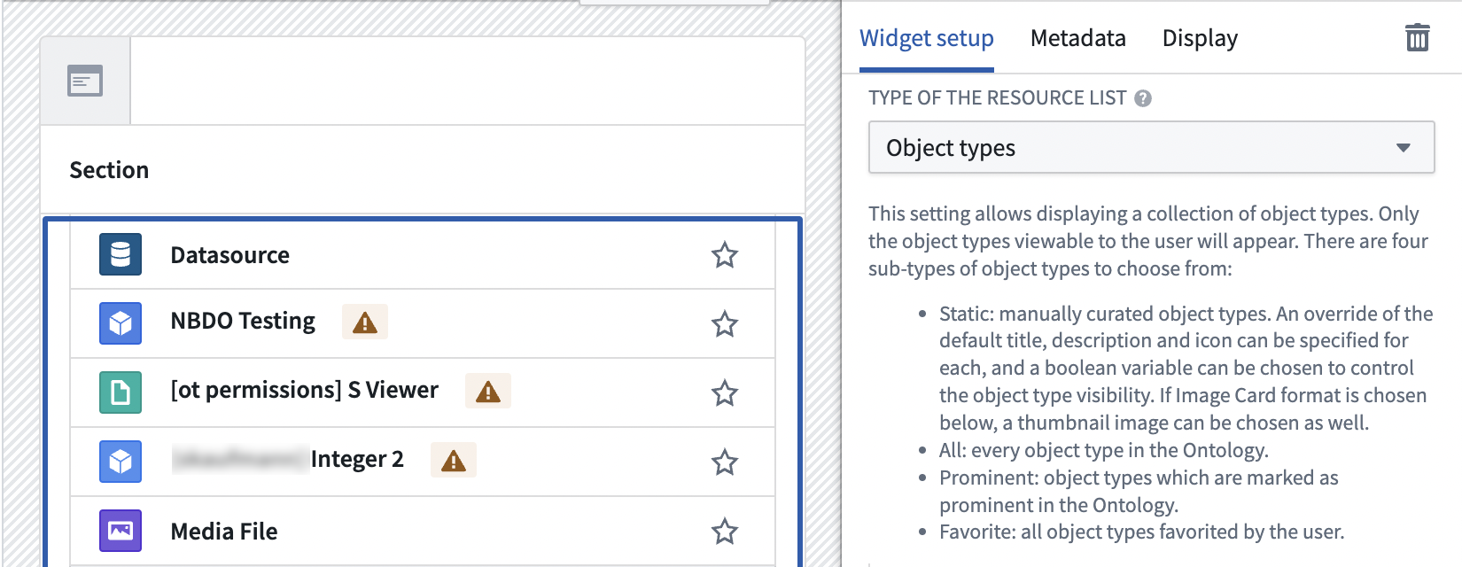 The object types resources setup menu