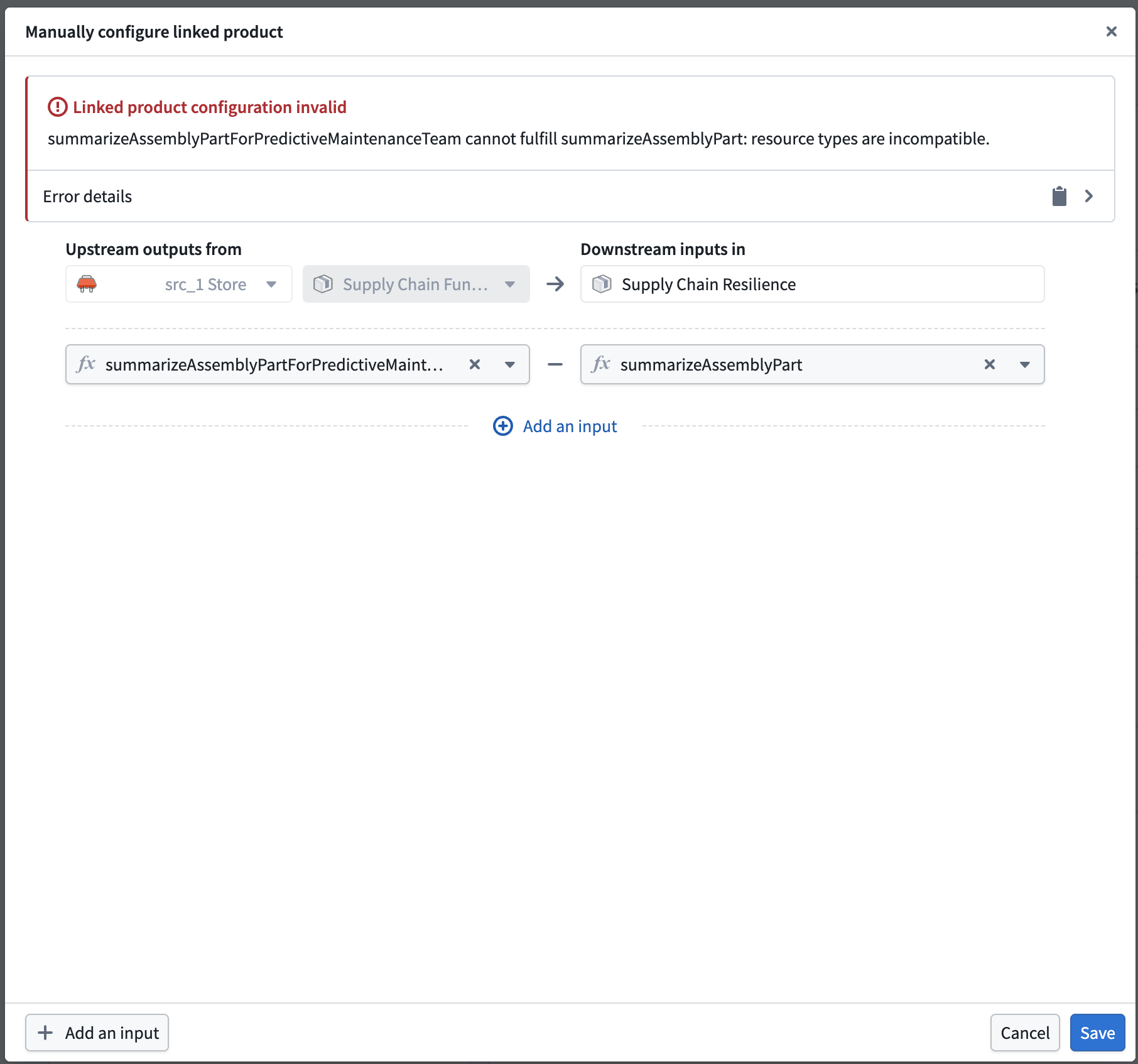 The input mapping dialog in DevOps displays a validation error.