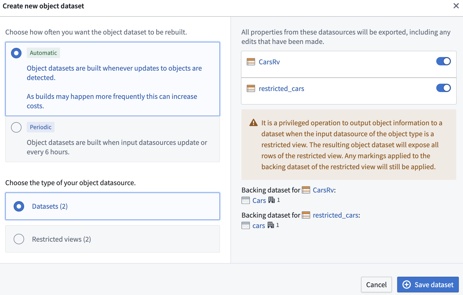 Materialized datasets with RV source