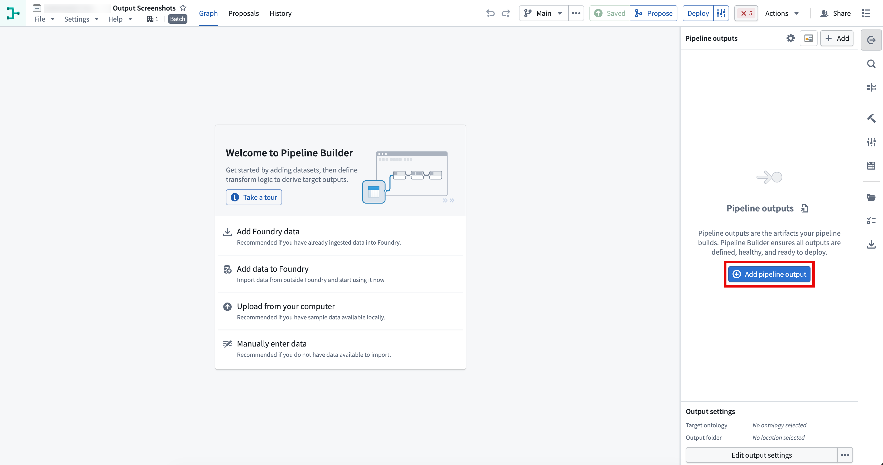 The Pipeline outputs panel in Pipeline Builder with the Add pipeline output button highlighted.
