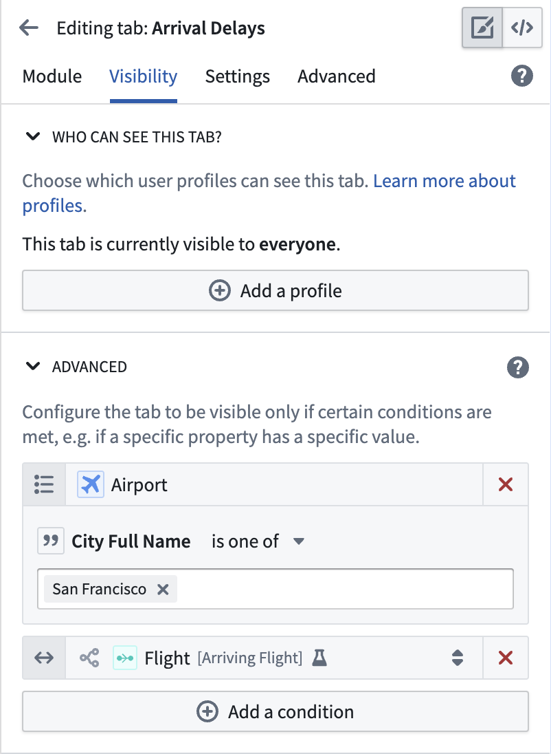 Configure tab visibility with property values and link visibility