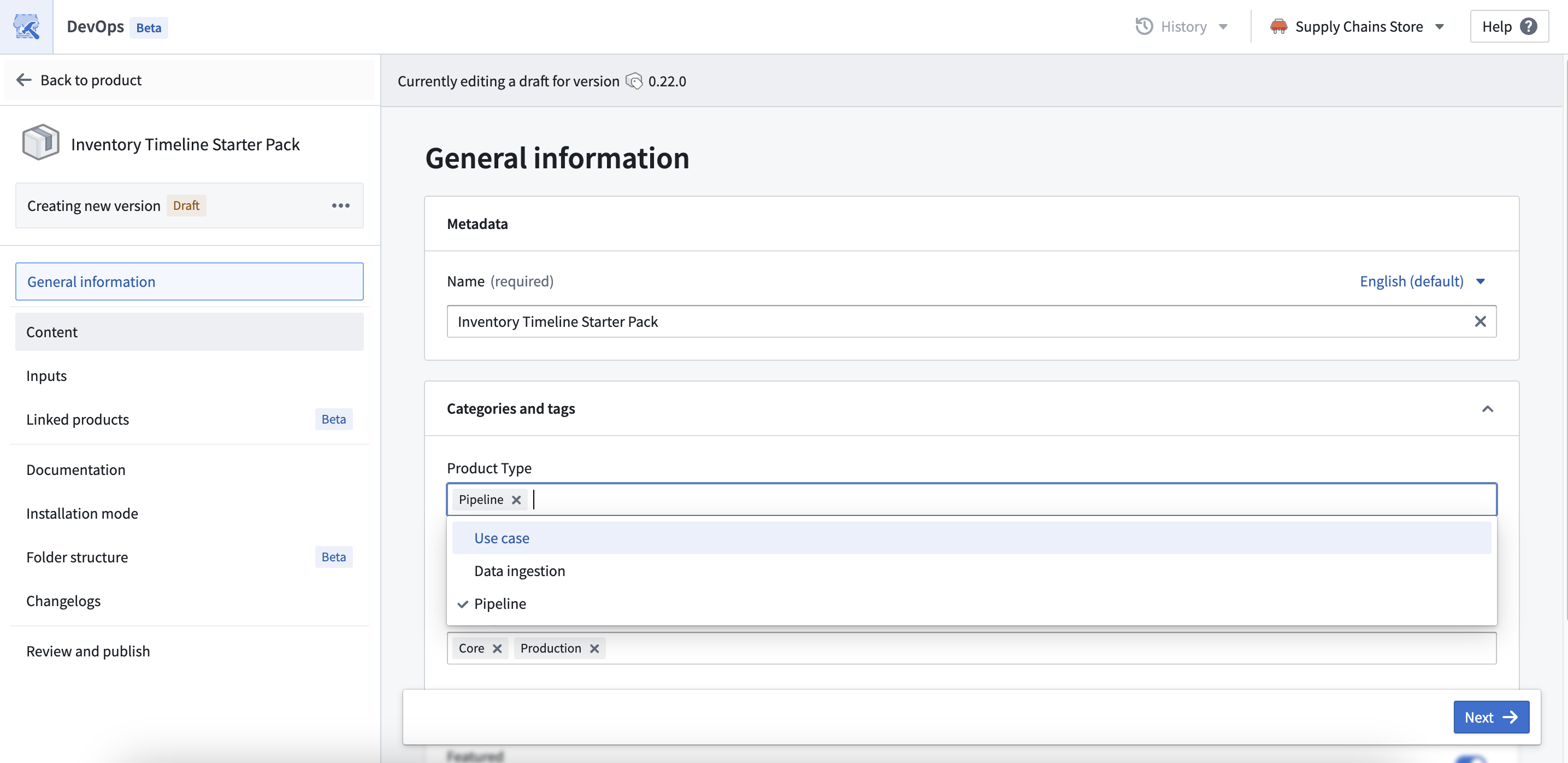 Apply tags to products under the Categories and tags section on the general information stage.