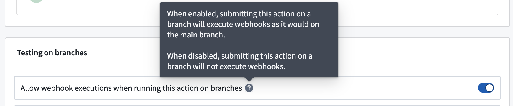 The toggle to allow webhook executions when running an action on a branch is available in the Security and submission criteria tab in Ontology Manager.