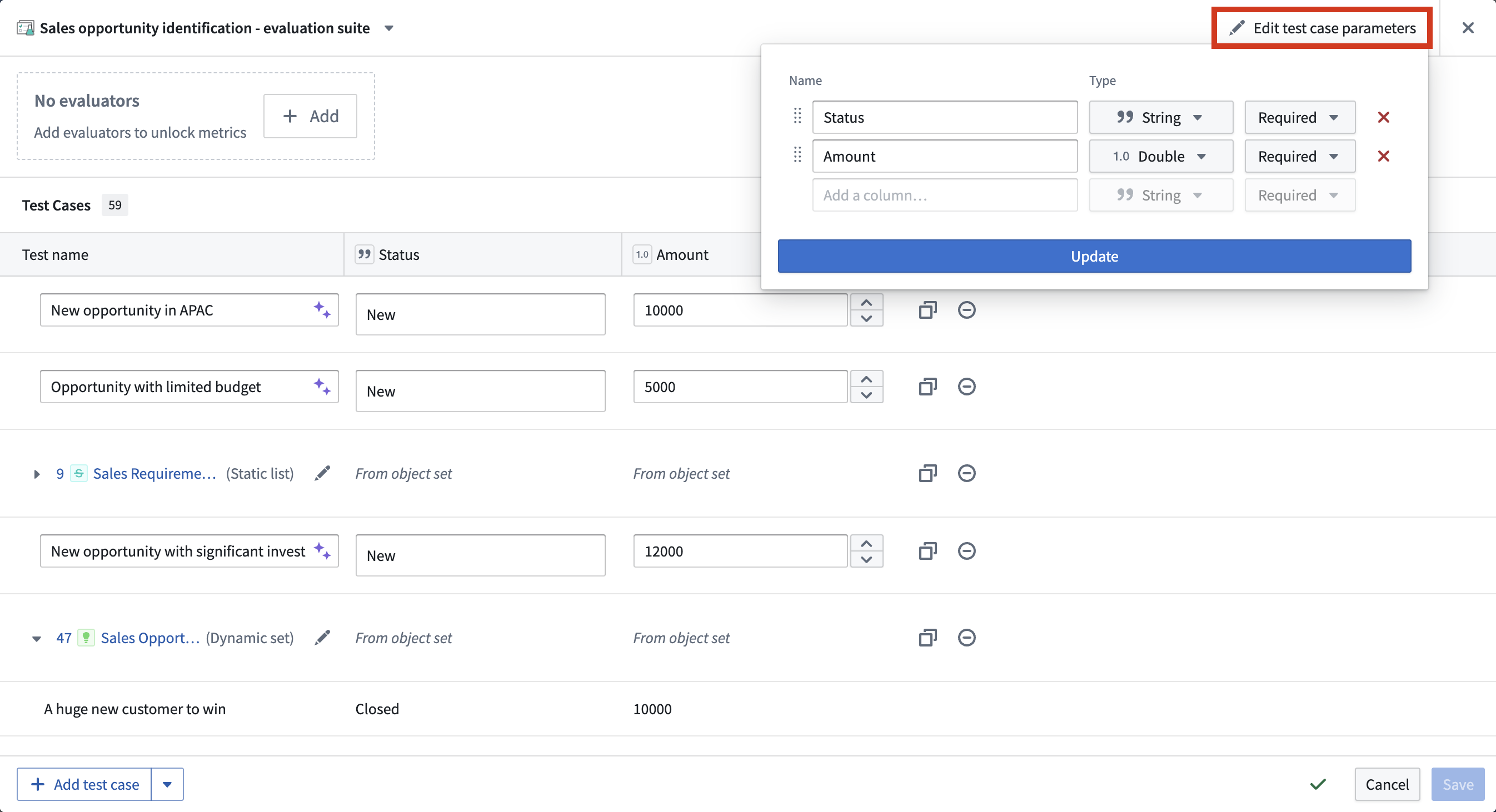 Configure test case parameters.