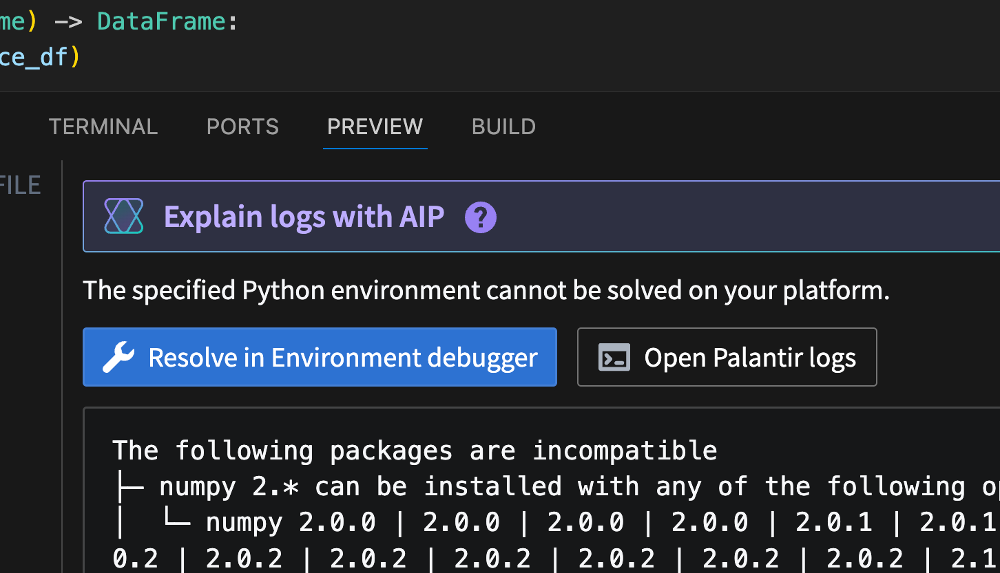 The Resolve in environment debugger option displayed above an environment conflict error message.
