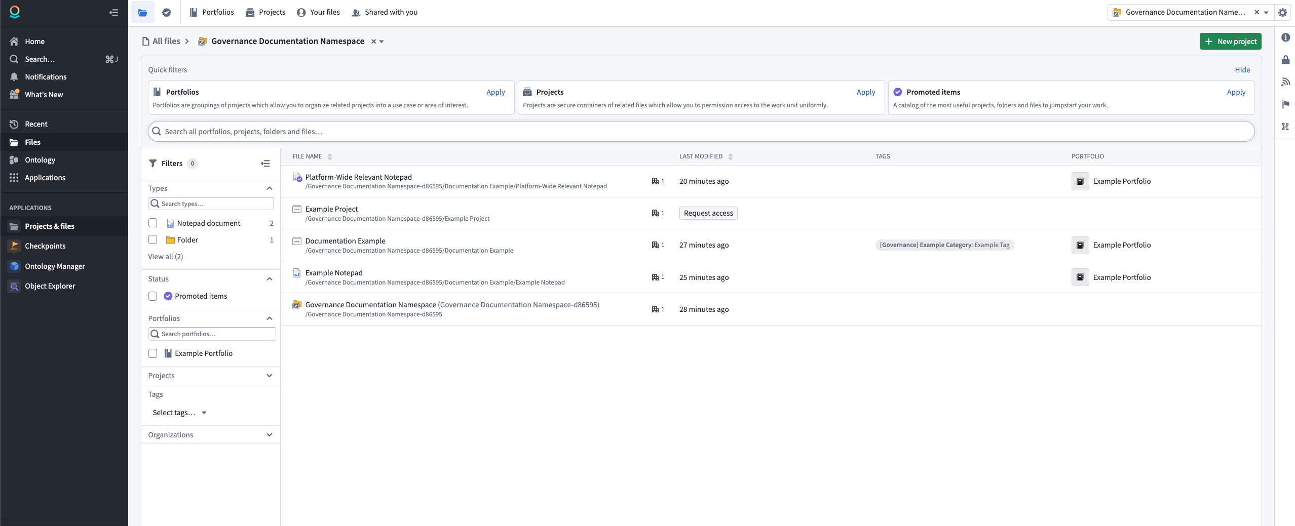 Compass landing page with quick filters and file list.