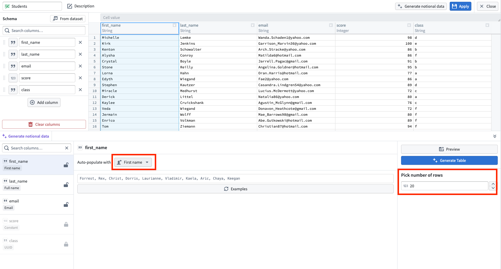 Select a set of notional data for your data table.