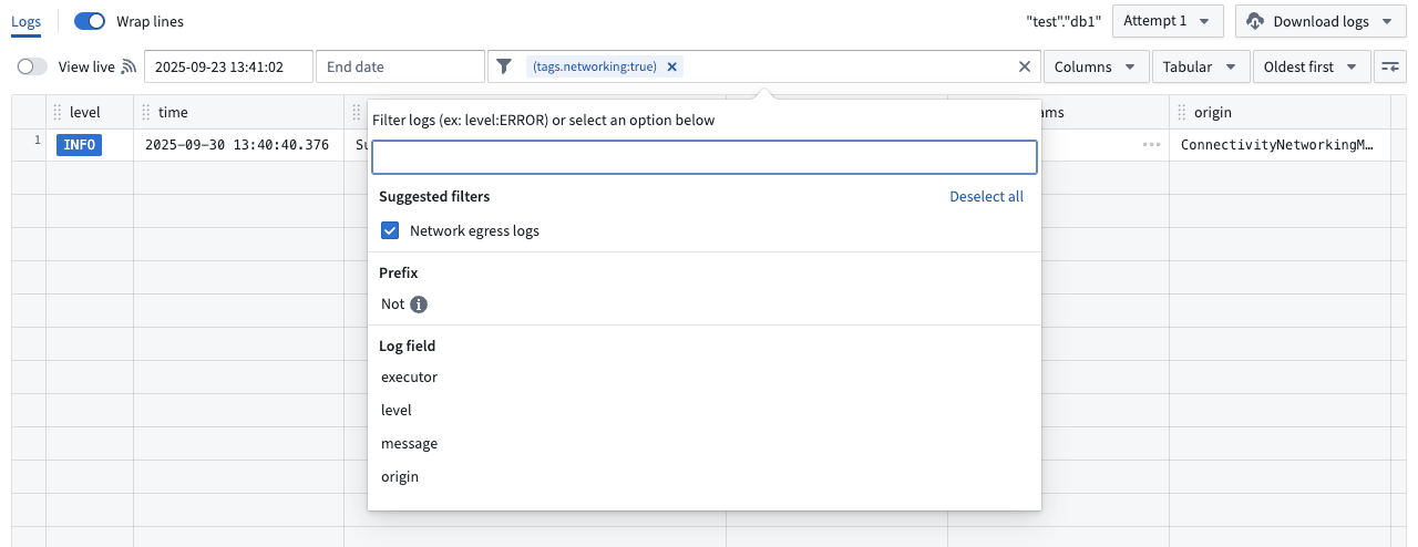 Select the Network egress logs filter to review logs.