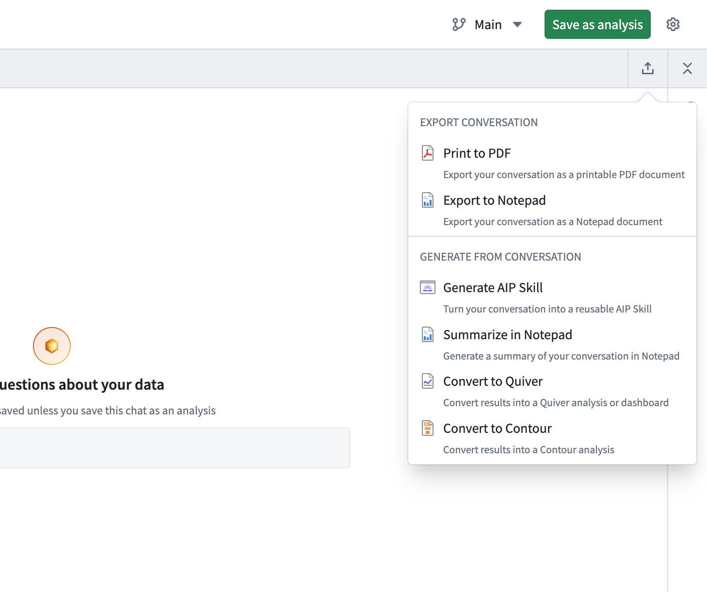 The AIP Analyst export menu.