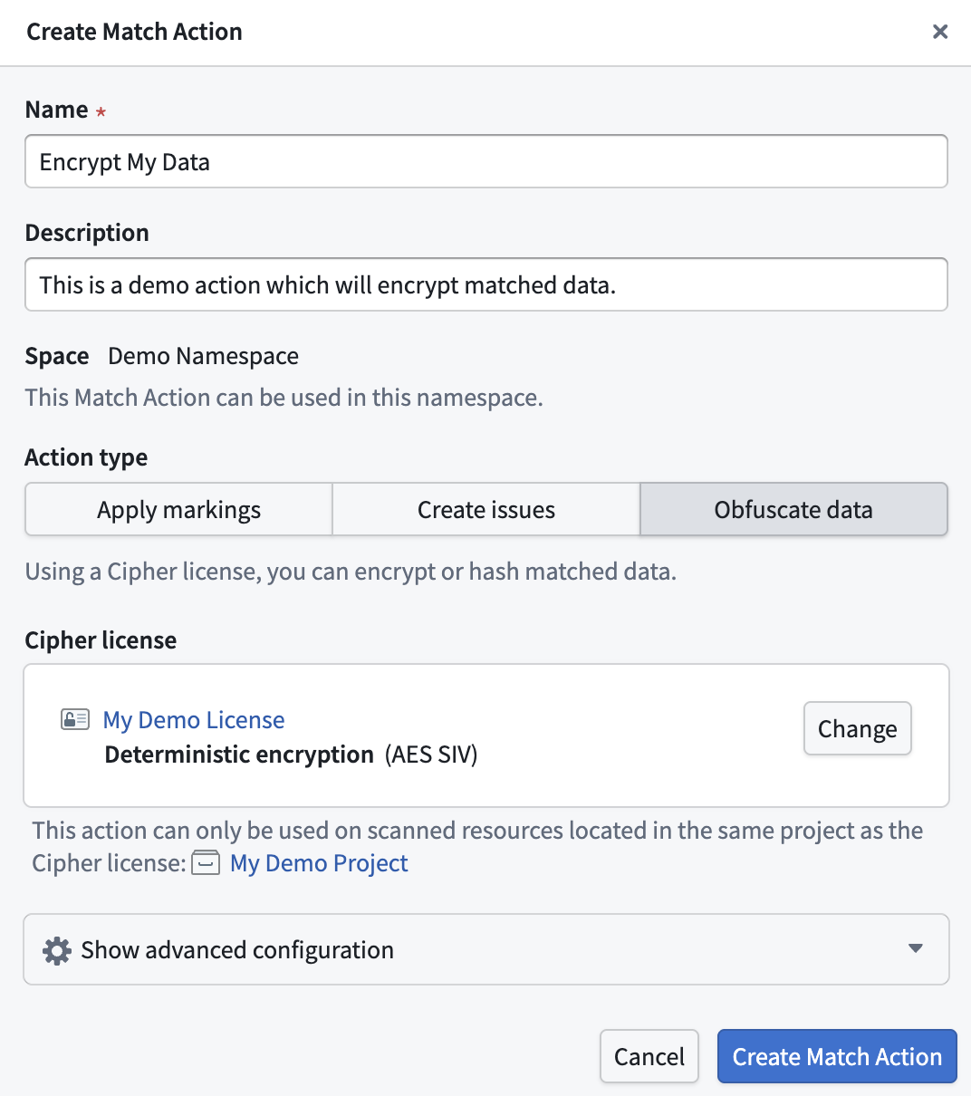 The Create Match Action dialog for creating a new Obfuscate Data Match Action.