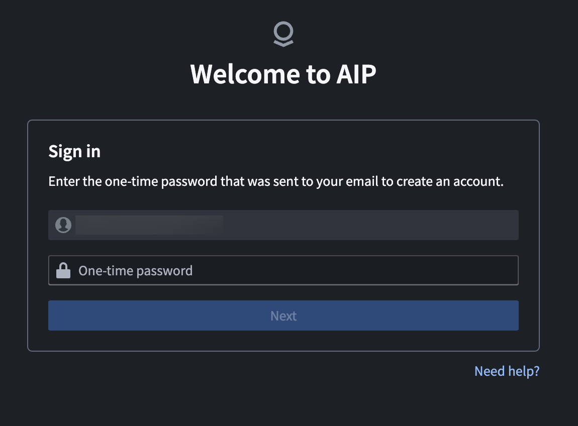 The email and one-time password form.