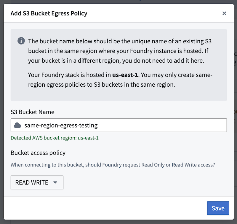 Dialog showing the inputs required to add a new same-region S3 bucket policy.