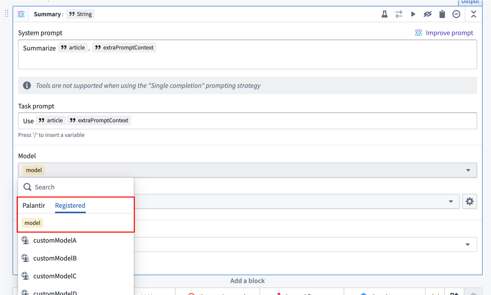 The model selector in a UseLLM block, displaying the model variable under the "Registered" tab.