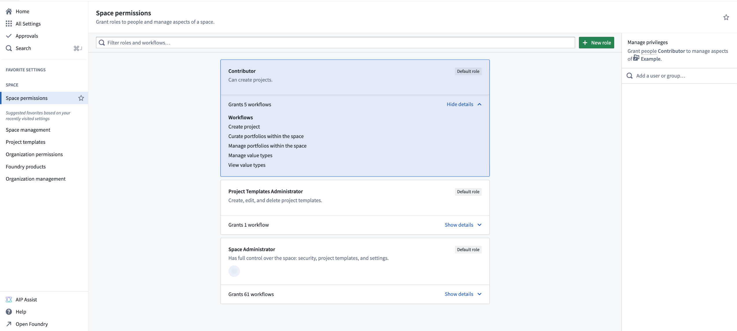 The Space permissions page in Control Panel showing the various workflows granted with the Contributor role.