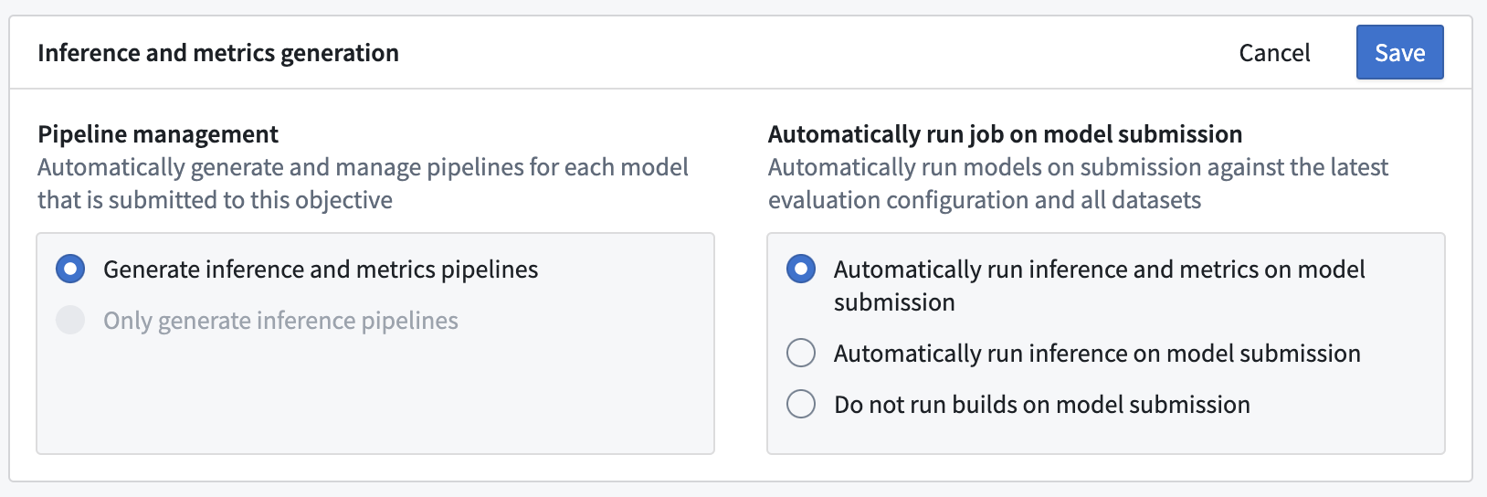 Configure inference and metrics generation