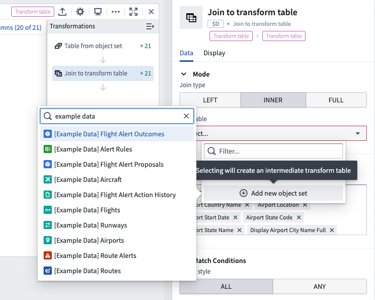Screenshot of the add new object set option in the dropdown of Transform Table inputs.