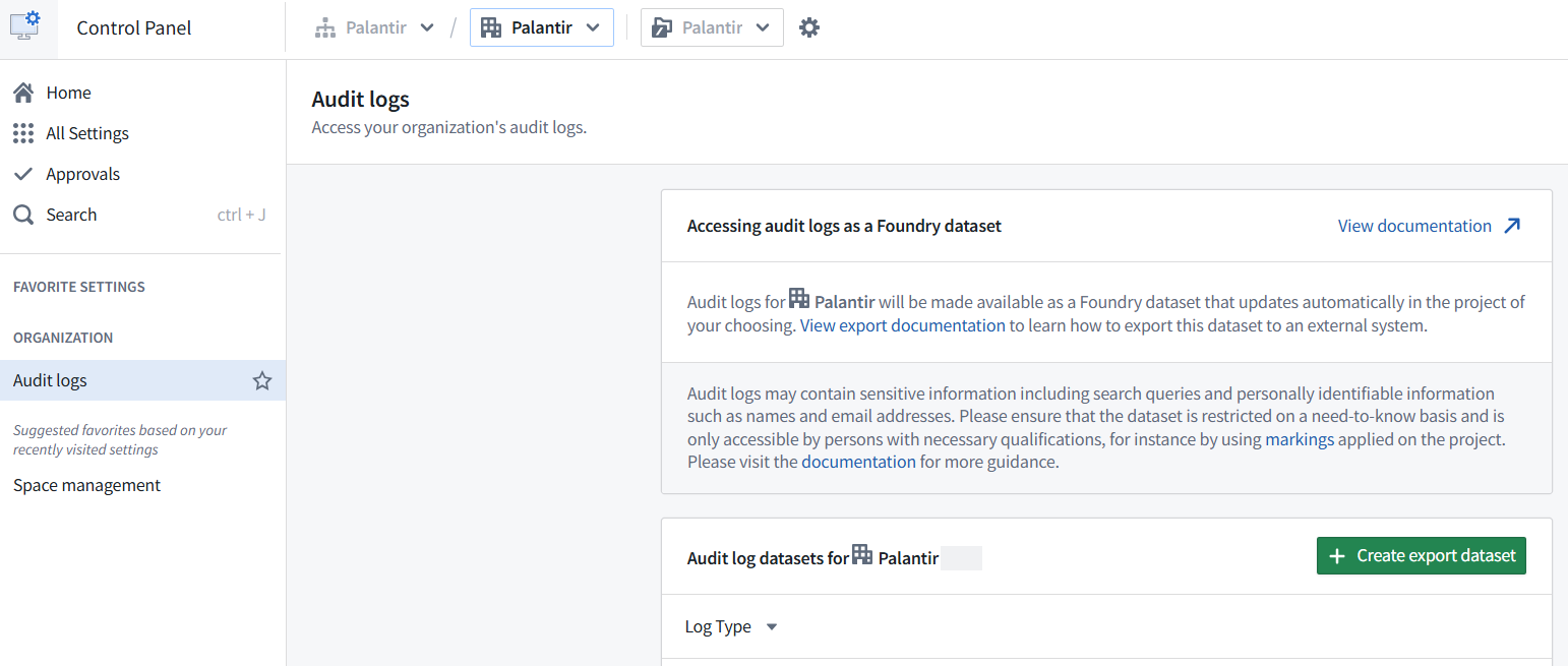 Export audit logs to Foundry using Control Panel.