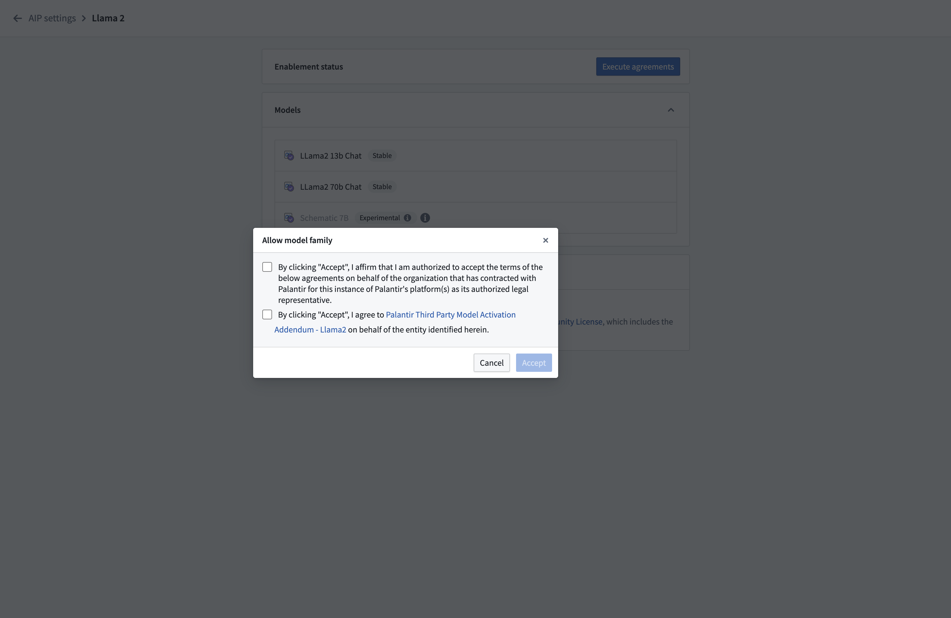 Allow model family disclaimer and terms acceptance message.