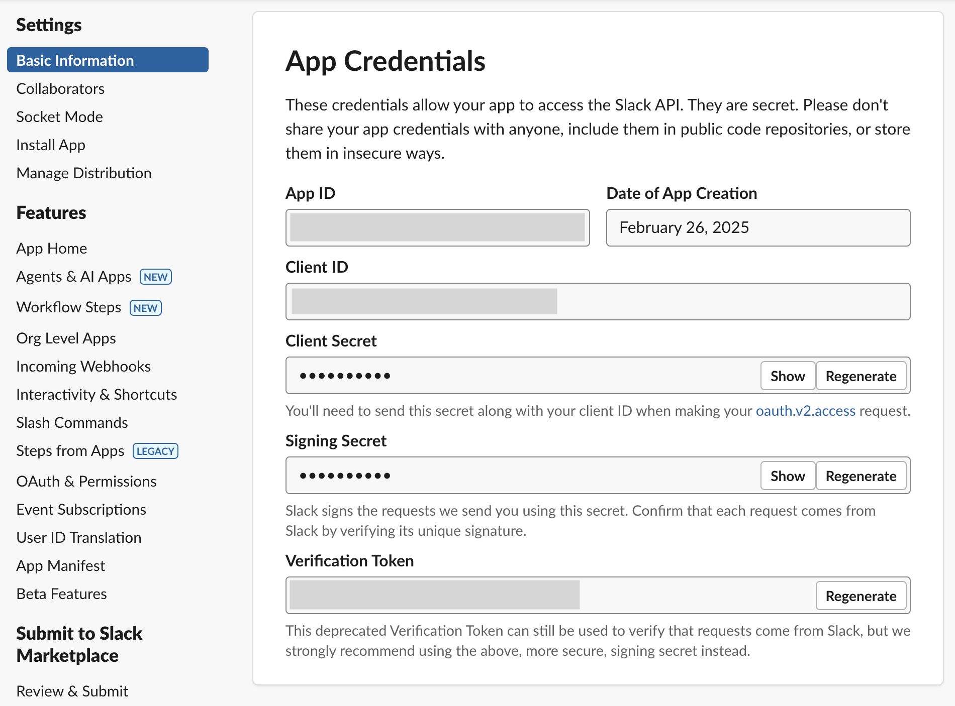 In Slack's App Credentials view, copy down the `Client Secret`.