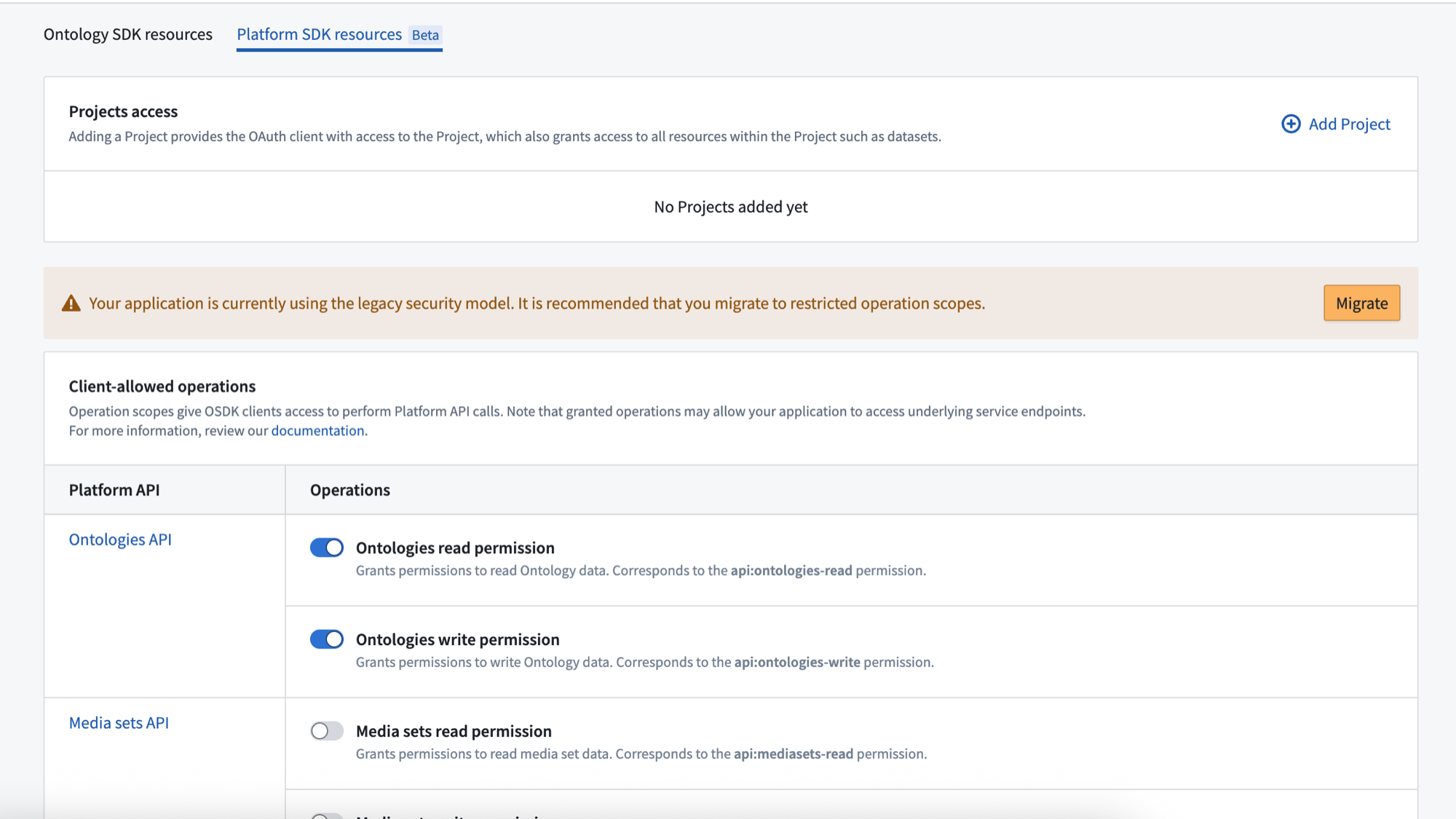 Select Migrate from the Platform SDK resources tab to update security.