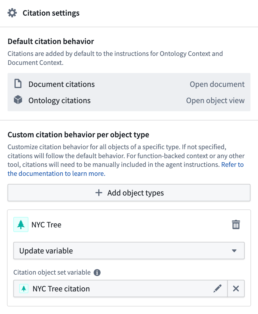 Configure custom citation behavior per object type in the AIP Agent Studio sidebar.