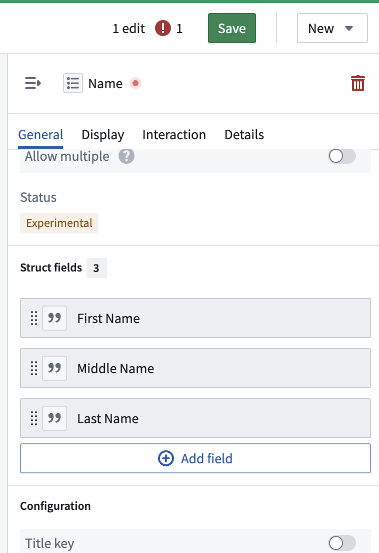 Struct fields in the 'Property editor' panel.