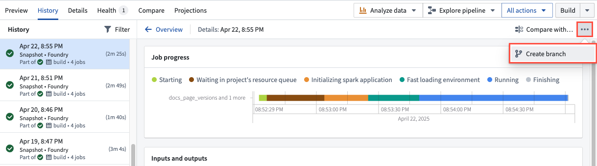 The Create branch option in the History panel of a dataset.