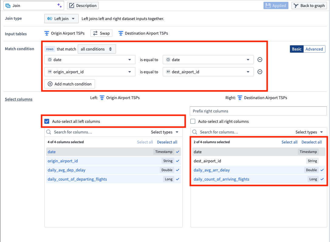 The join board in Pipeline Builder, configured to create a left join for airport data.