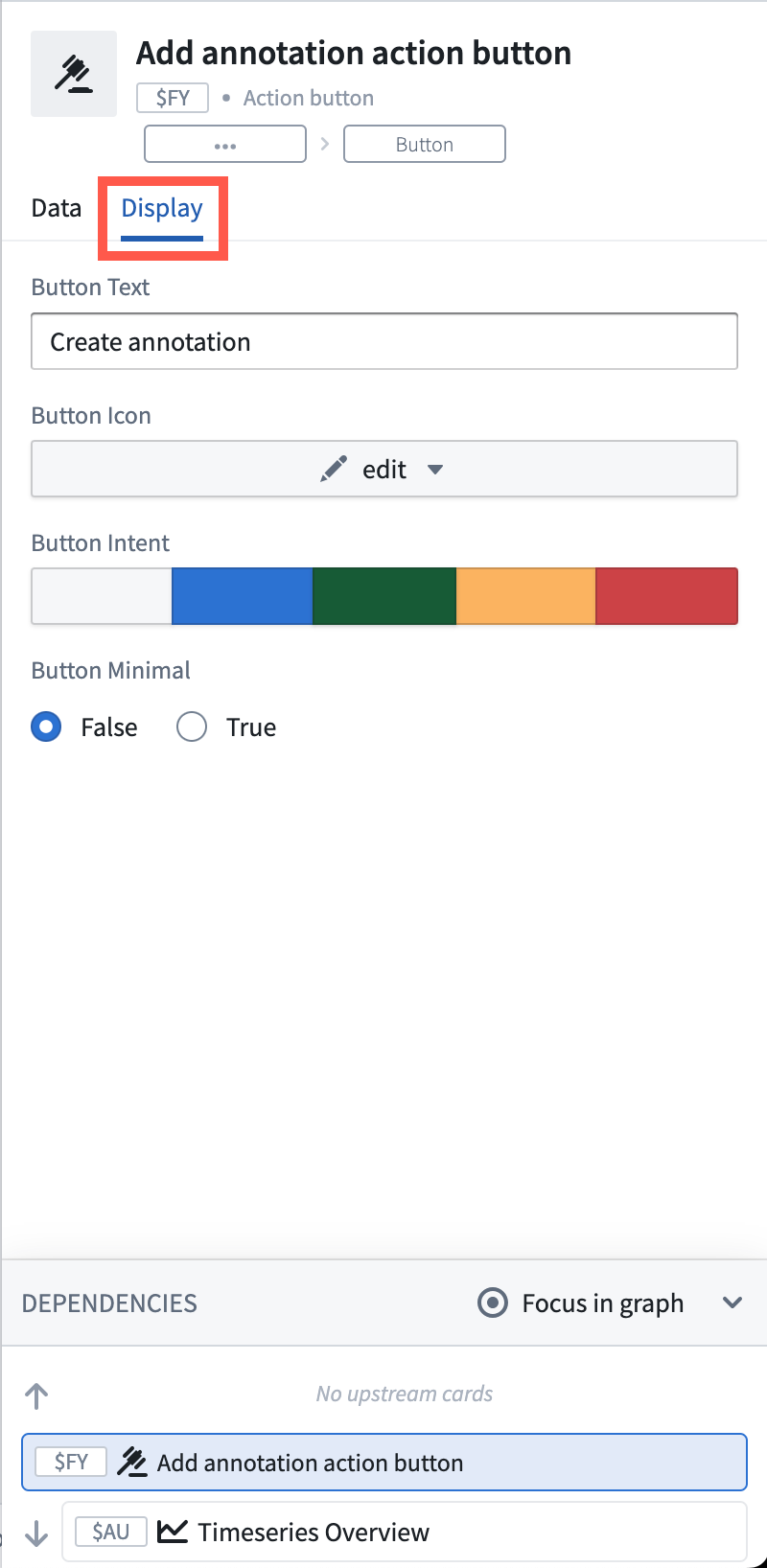 The action button editor window showing the button display configuration options.