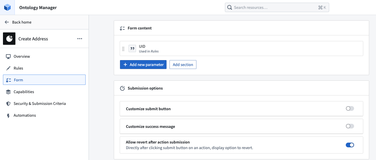 Screenshot of action reverts in the Form section
