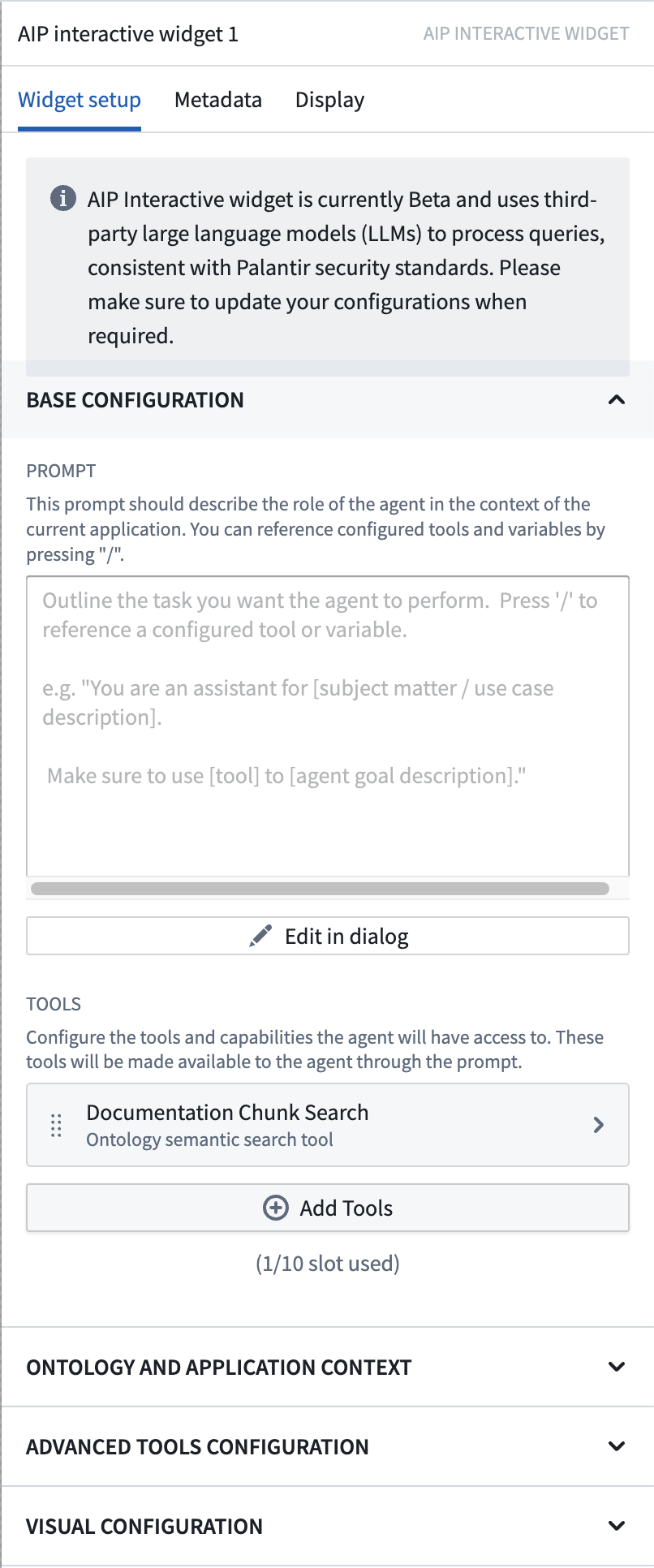 AIP Agent widget configuration panel.