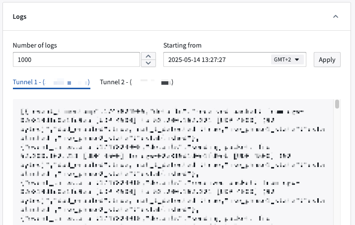 The Logs window displays logs based off of a set quantity from a configured starting timestamp.
