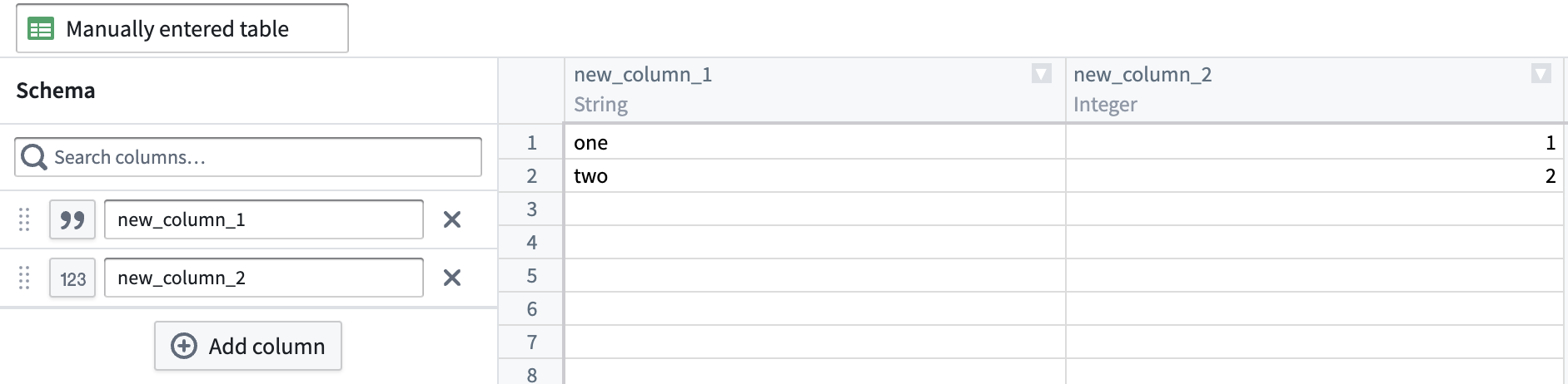 A manually entered data table with defined columns and values.