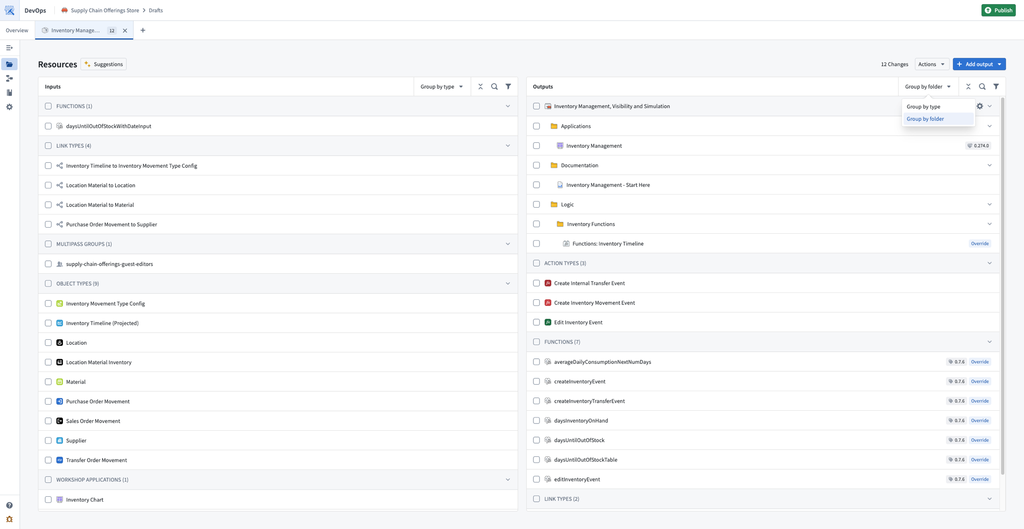 The Outputs panel displays the ability to group outputs by destination folder.