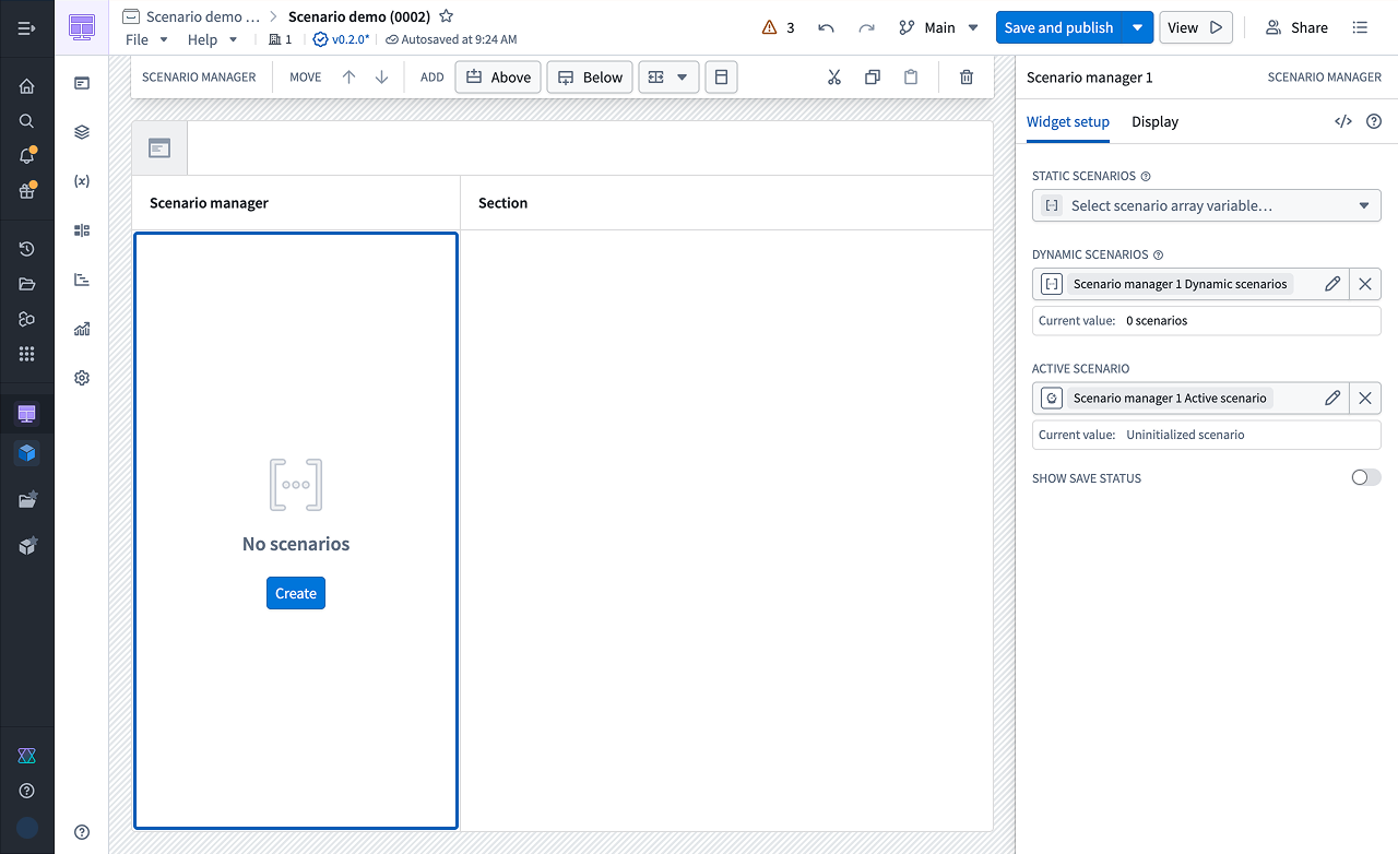 Scenario Manager widget configured with a Dynamic scenario variable, showing the Create button in the center.