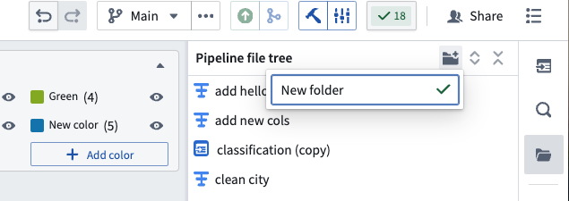 The create new folder button in Pipeline Builder.