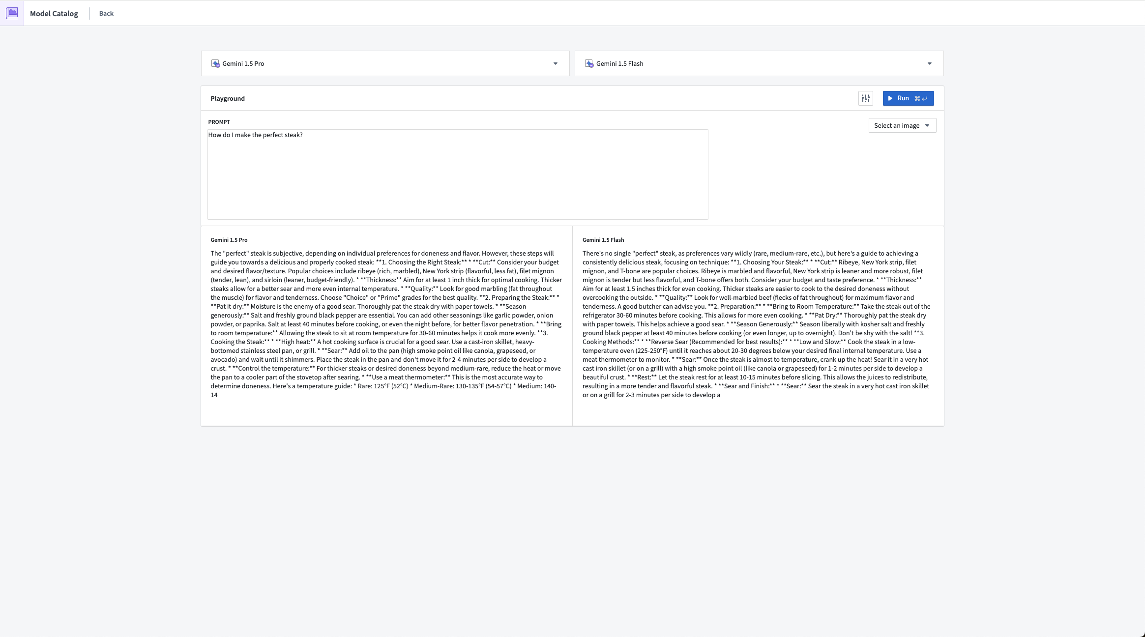 Google Gemini 1.5 Pro responding to a sample prompt in Model Catalog's Playground feature.