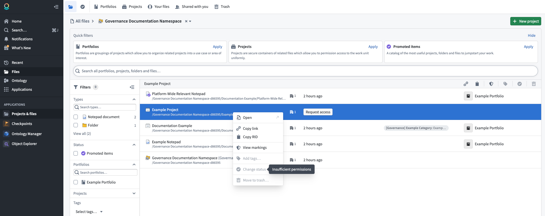The Change status option is disabled when the user has insufficient permissions.