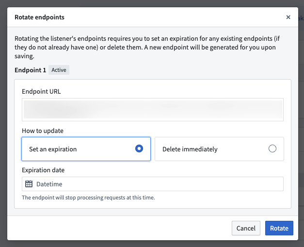 The modal for configuring the endpoint rotation.