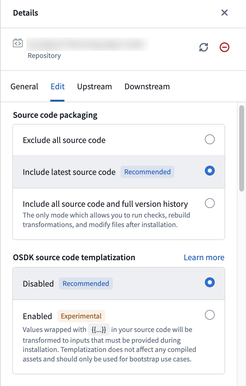 The OSDK source code templatization settings in DevOps.