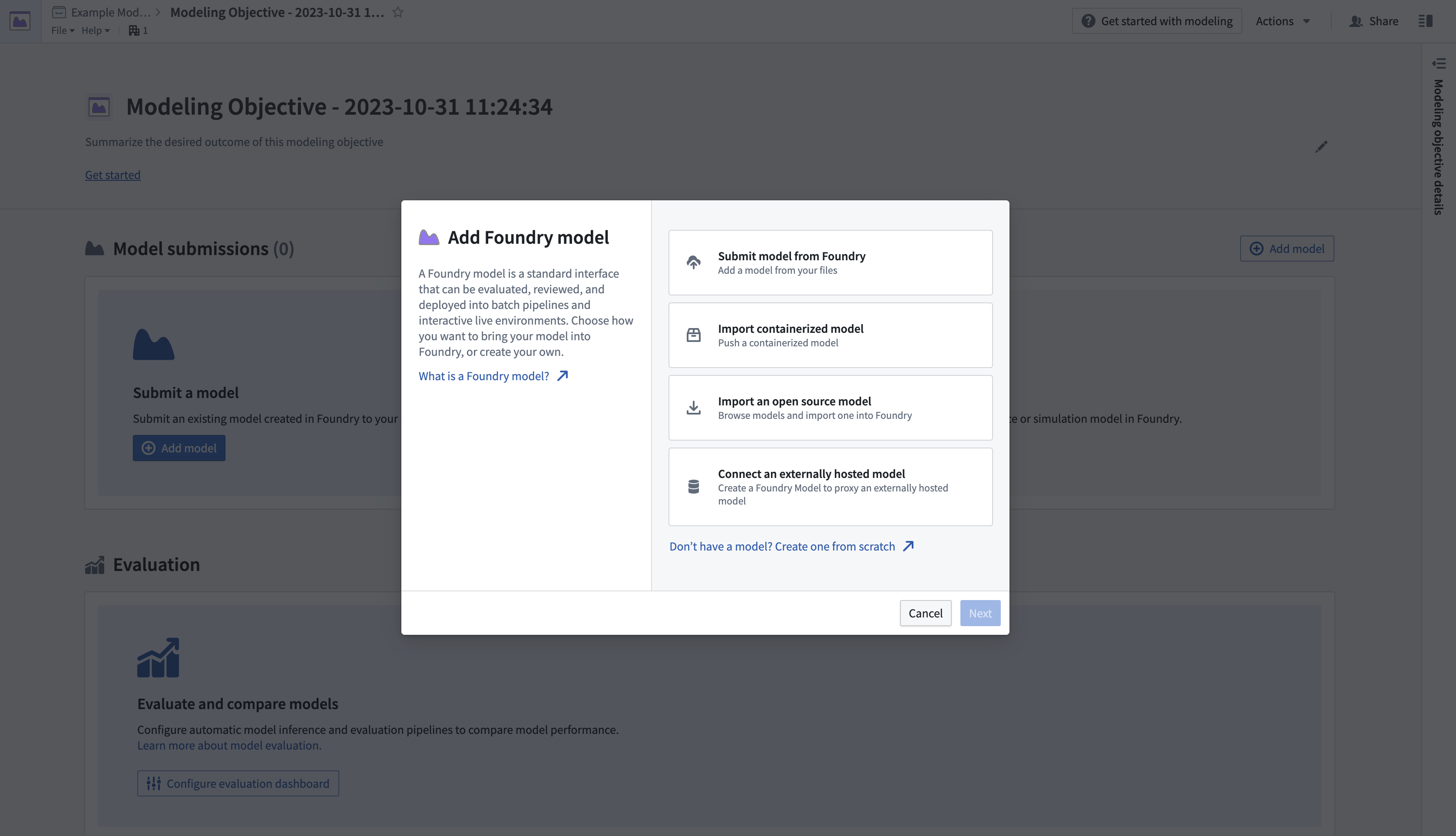 An Add Foundry model pop-up, with options for ways to add models to the platform.