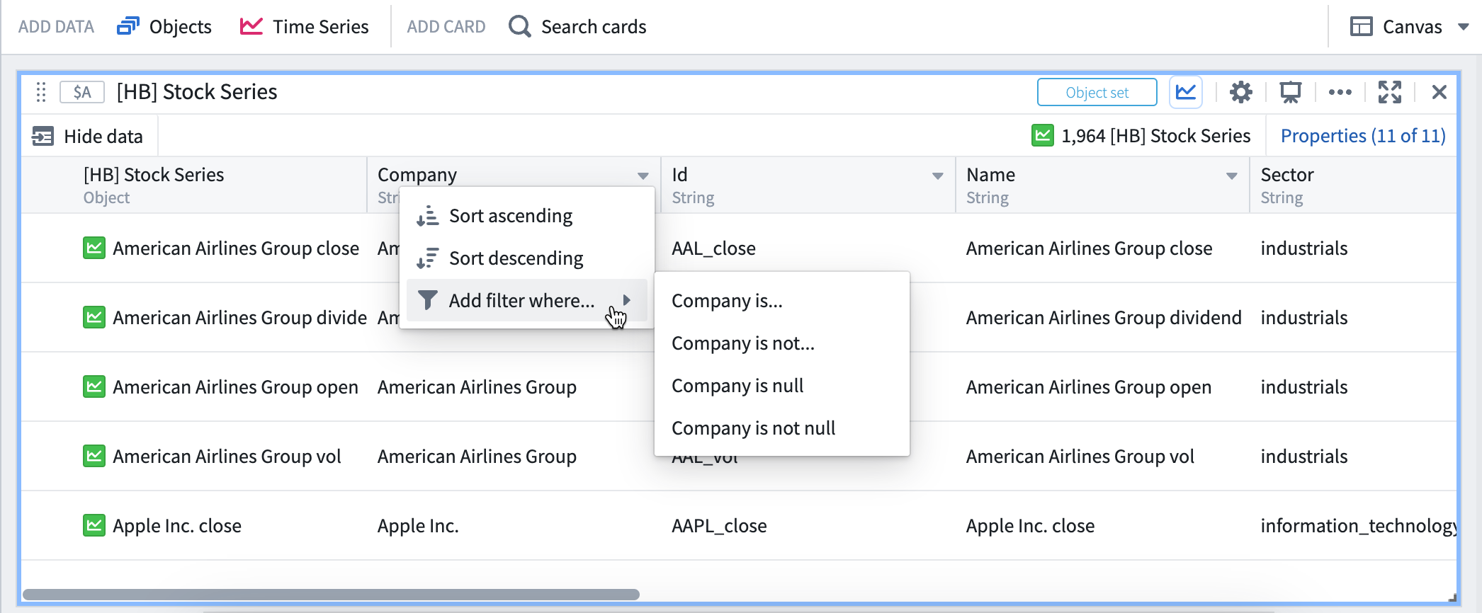 Quiver screenshot showing an object set card and the ability to filter from the column header