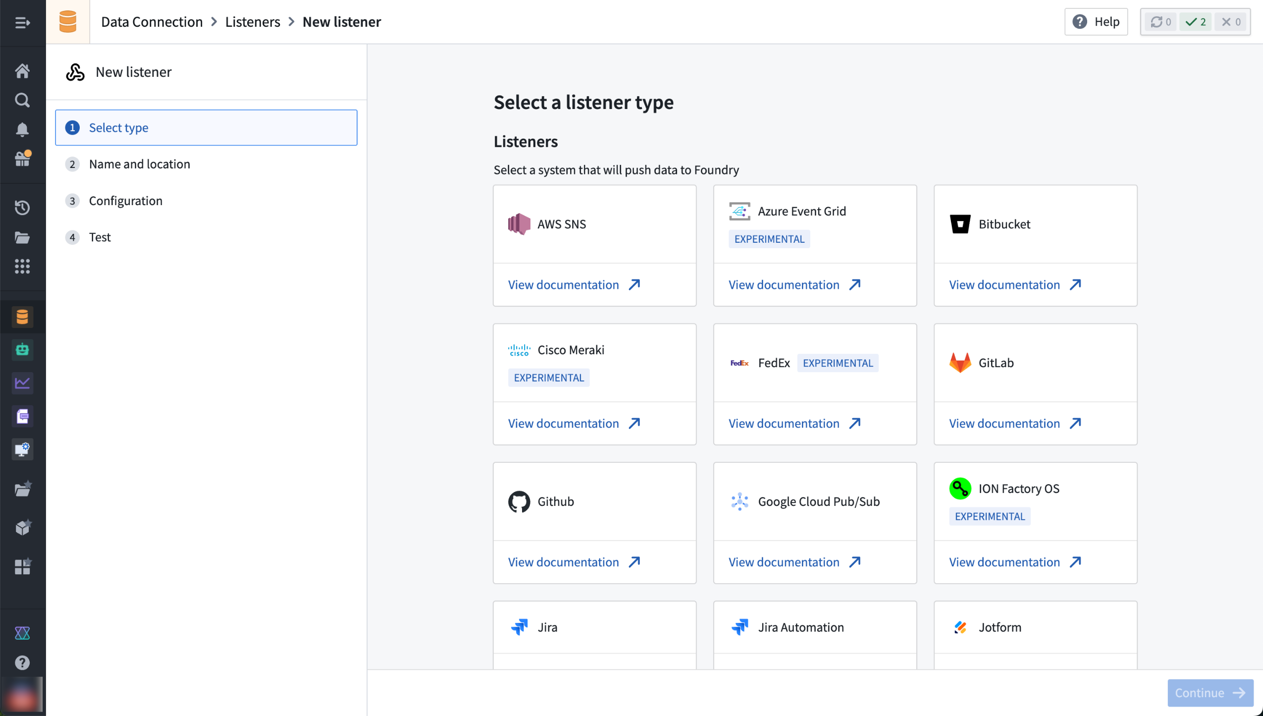 Select from Data Connections supported listeners to configure and receive inbound webhook events.