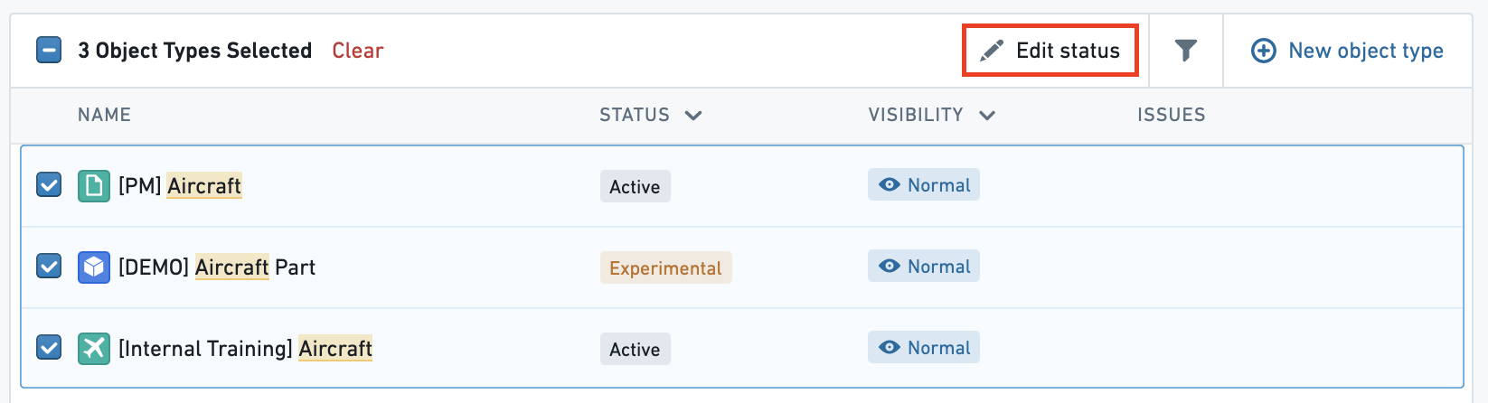 Bulk edit object types