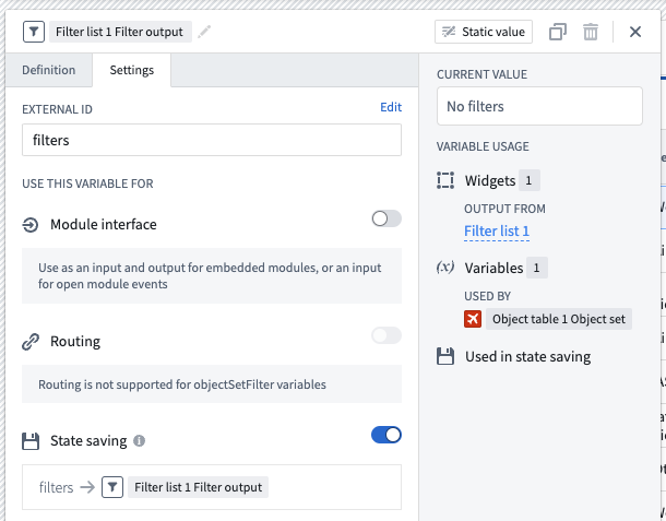 Enabling state saving for an object set filter variable